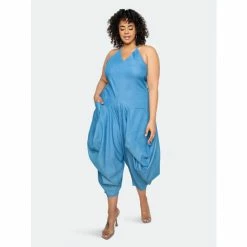 Buxom Couture Halter Neck Denim Jumpsuit Jumpsuits & Rompers Light Denim
