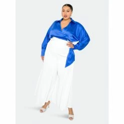 Buxom Couture Wrapped Blouse With Palazzo Pants Set Blue & White