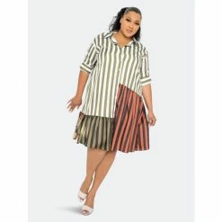 Buxom Couture Patchwork Stripe Shirt Dress Dresses & Jumpsuits Olive