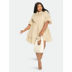 Buxom Couture Linen Flutter Mini Dress Dresses Beige