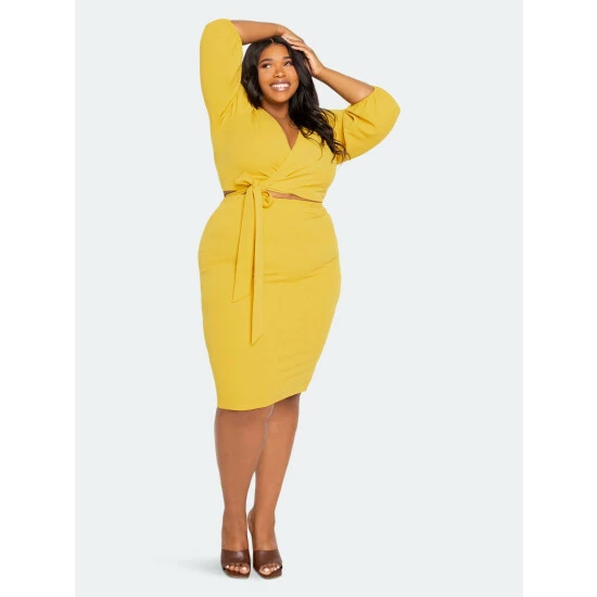 Buxom Couture Everyday Cropped Top And Skirt Set Skirts Mustard Yellow 4 Buxom Couture Everyday Cropped Top And Skirt Set Skirts Mustard Yellow - Image 2