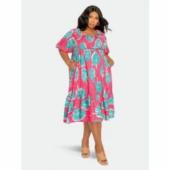 Buxom Couture Printed Smocked Puff Sleeve Dress Dresses Pink