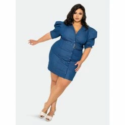 Buxom Couture Denim Mini Dress With Shoulder Accent Dresses & Jumpsuits
