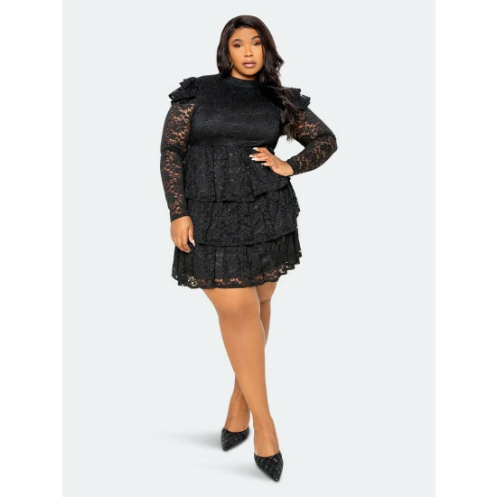 Buxom Couture Tiered Lace Mini Dress Dresses Black 4 Buxom Couture Tiered Lace Mini Dress Dresses Black - Image 2