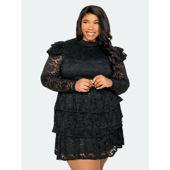 Buxom Couture Tiered Lace Mini Dress Dresses Black 5 Buxom Couture Tiered Lace Mini Dress Dresses Black - Image 3
