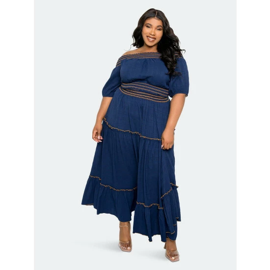 Buxom Couture Smocking Top And Skirt Set Tops Navy Blue 6 Buxom Couture Smocking Top And Skirt Set Tops Navy Blue - Image 4