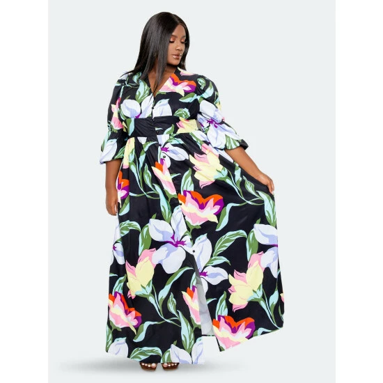 Buxom Couture Floral Puff Sleeve Button Up Dress Dresses Black 3 Buxom Couture Floral Puff Sleeve Button Up Dress Dresses Black