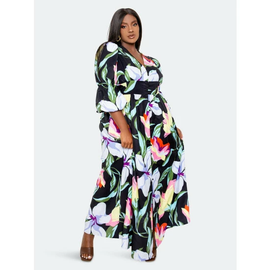 Buxom Couture Floral Puff Sleeve Button Up Dress Dresses Black 4 Buxom Couture Floral Puff Sleeve Button Up Dress Dresses Black - Image 2