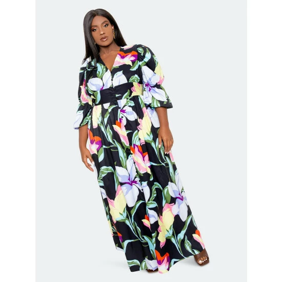 Buxom Couture Floral Puff Sleeve Button Up Dress Dresses Black 5 Buxom Couture Floral Puff Sleeve Button Up Dress Dresses Black - Image 3