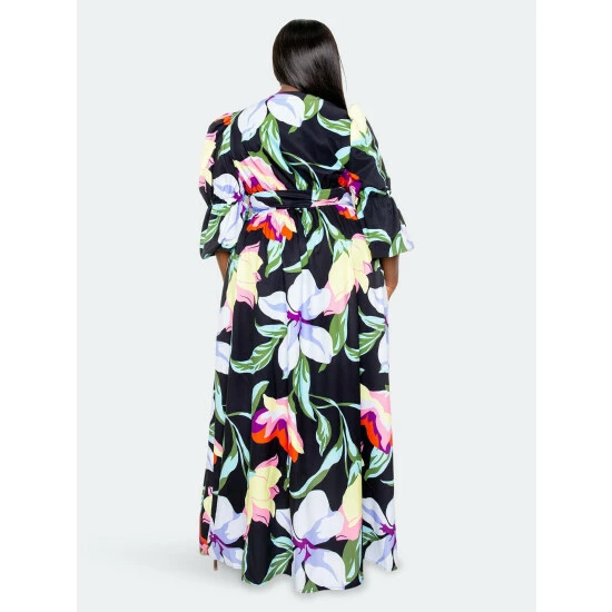 Buxom Couture Floral Puff Sleeve Button Up Dress Dresses Black 7 Buxom Couture Floral Puff Sleeve Button Up Dress Dresses Black - Image 5