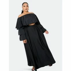 Buxom Couture Ruffle Crop Top And Maxi Skirt Set Tops Black