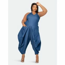 Buxom Couture Halter Neck Denim Jumpsuit Jumpsuits & Rompers