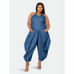 Buxom Couture Halter Neck Denim Jumpsuit Jumpsuits & Rompers -Nike Shop unnamed file 52