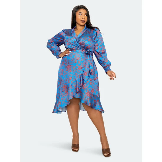 Buxom Couture Floral Satin Wrapped Dress Dresses Blue Floral 3 Buxom Couture Floral Satin Wrapped Dress Dresses Blue Floral