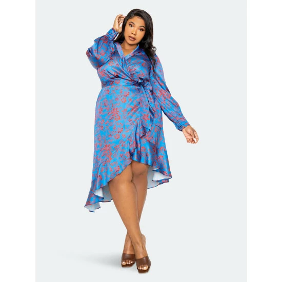 Buxom Couture Floral Satin Wrapped Dress Dresses Blue Floral 4 Buxom Couture Floral Satin Wrapped Dress Dresses Blue Floral - Image 2