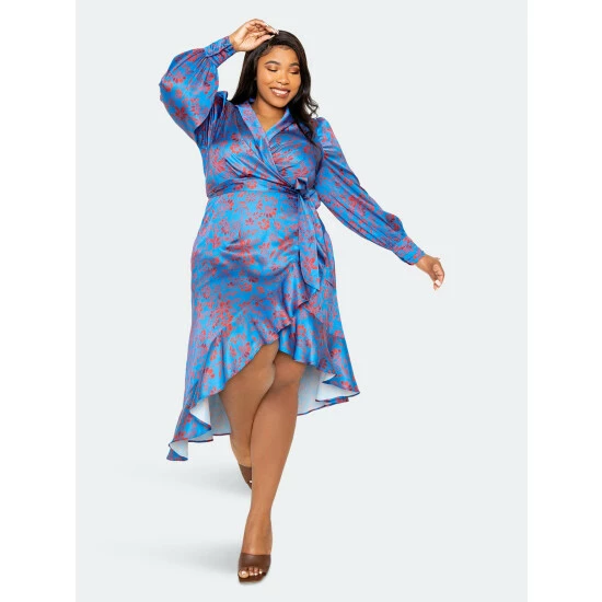 Buxom Couture Floral Satin Wrapped Dress Dresses Blue Floral 5 Buxom Couture Floral Satin Wrapped Dress Dresses Blue Floral - Image 3