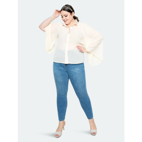 Buxom Couture Pleated Bell Sleeve Blouse Tops Cream 3 Buxom Couture Pleated Bell Sleeve Blouse Tops Cream
