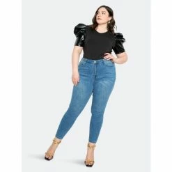 Buxom Couture Leather Effect Sleeve Top Tops Black