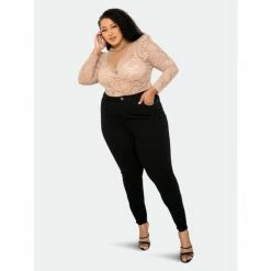 Buxom Couture Long Sleeve Lace Bodysuit Tops Taupe