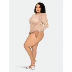 Buxom Couture Long Sleeve Lace Bodysuit Tops Taupe -Nike Shop unnamed file 560