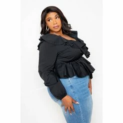Buxom Couture Ruffle Peplum Blouse Tops Black -Nike Shop unnamed file 574