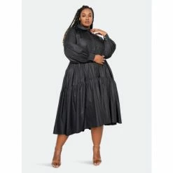 Buxom Couture Puff Sleeved Tiered Shirt Dress Dresses & Jumpsuits Black