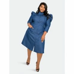 Buxom Couture Puffed Sleeve Denim Shirt Dress Dresses