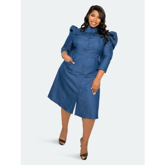 Buxom Couture Puffed Sleeve Denim Shirt Dress Dresses 3 Buxom Couture Puffed Sleeve Denim Shirt Dress Dresses