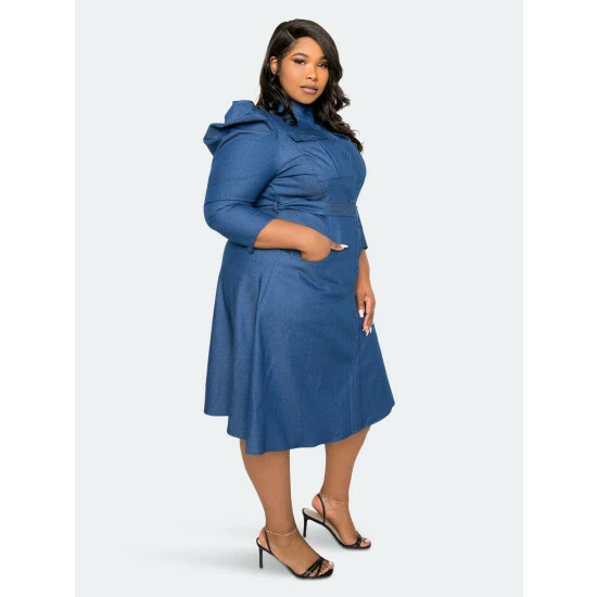 Buxom Couture Puffed Sleeve Denim Shirt Dress Dresses 4 Buxom Couture Puffed Sleeve Denim Shirt Dress Dresses - Image 2