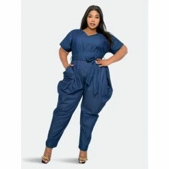 Buxom Couture Obi-Tie Denim Harem Jumpsuit Jumpsuits & Rompers Dark Denim