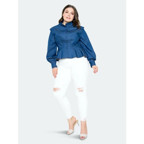 Buxom Couture Denim Peplum Blouse Tops Dark Denim 3 Buxom Couture Denim Peplum Blouse Tops Dark Denim