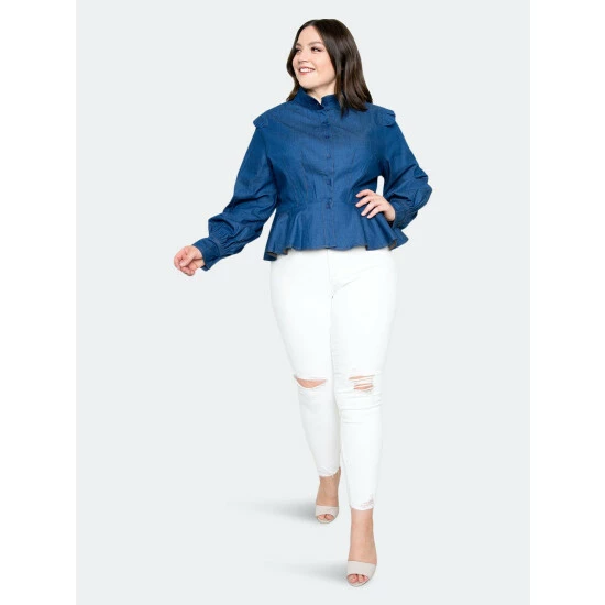Buxom Couture Denim Peplum Blouse Tops Dark Denim 5 Buxom Couture Denim Peplum Blouse Tops Dark Denim - Image 3