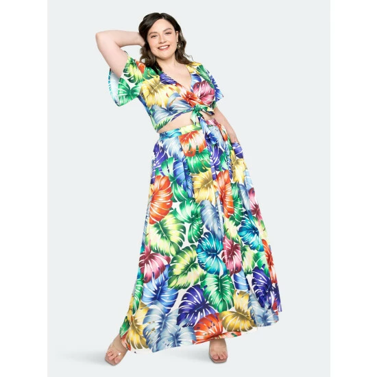 Buxom Couture Tropical Leaf Cropped Top And Maxi Skirt Set Dresses Iridescent Tropical Leaf Print 4 Buxom Couture Tropical Leaf Cropped Top And Maxi Skirt Set Dresses Iridescent Tropical Leaf Print - Image 2