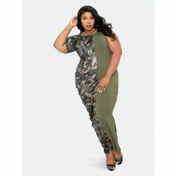 Buxom Couture Camo Colorblock One-Shoulder Maxi Dress Dresses Camo Print, Olive