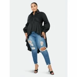 Buxom Couture Poplin Hi-Lo Peplum Blouse Tops Black -Nike Shop unnamed file 890