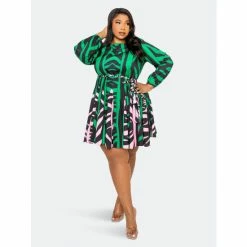 Buxom Couture Contrast Animal Print Flare Mini Dress Dresses Green